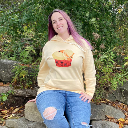 Model in a size M of the Fire Pup Cupcake Sweater